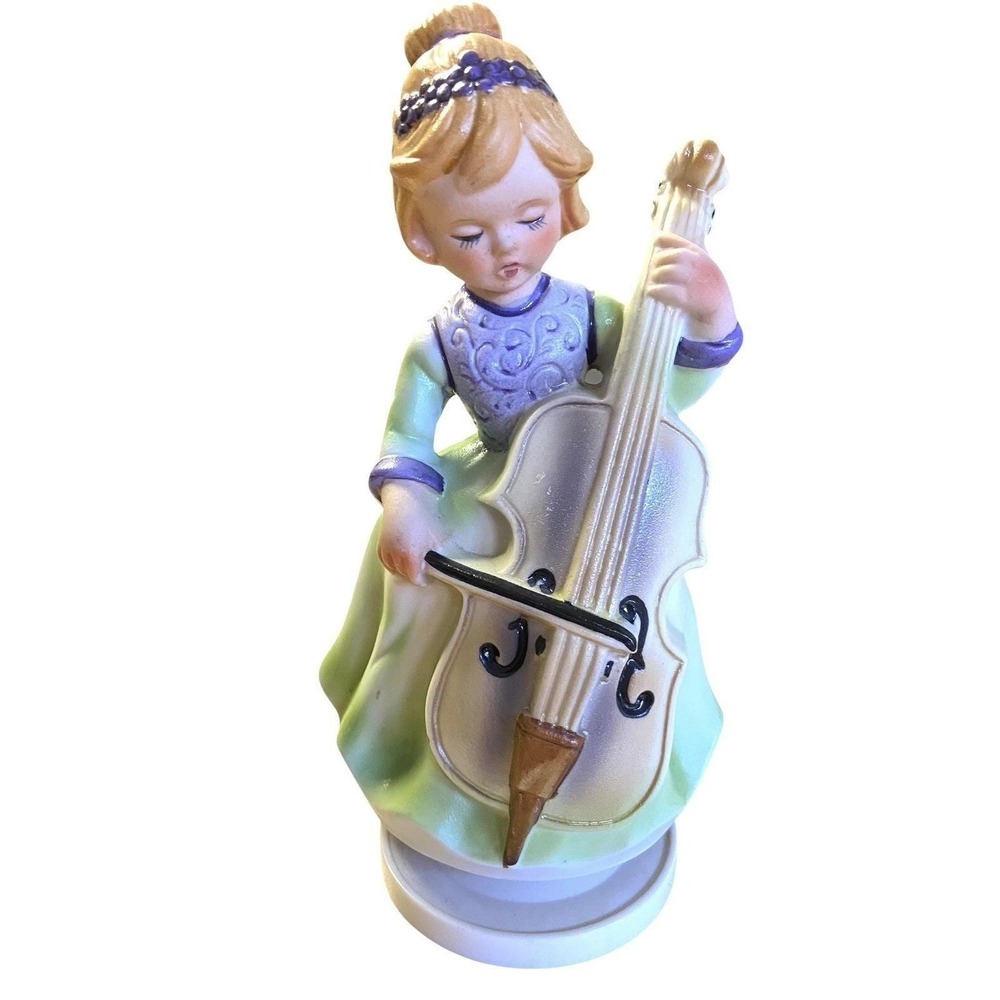 VTG I.W. Rice & Co. Floral Dress Girl holding Cello Music Box Tested And Working